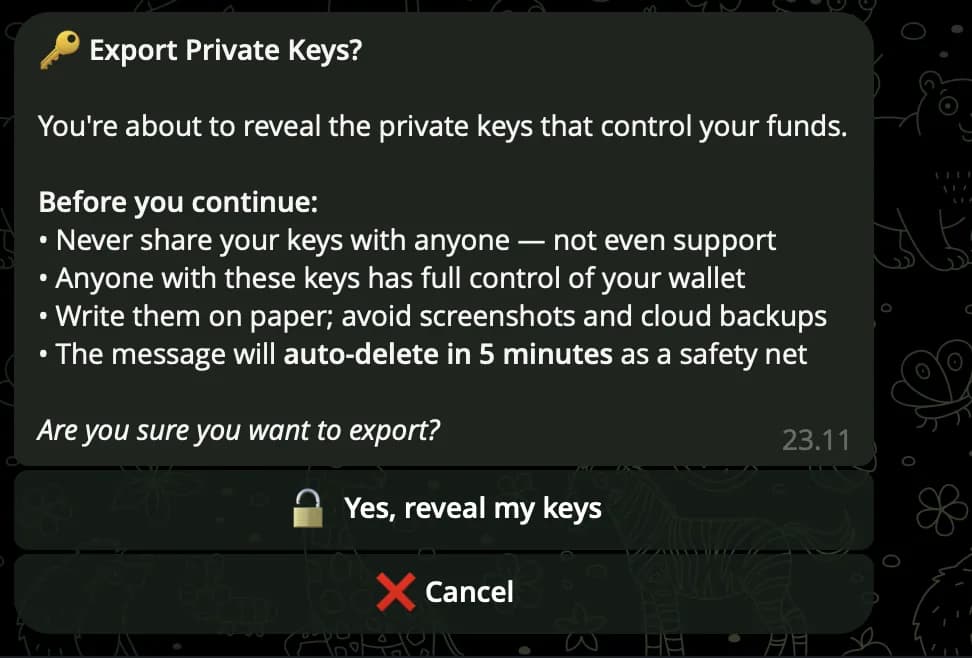 Clawd Sniper — Export Private Key reveal screen
