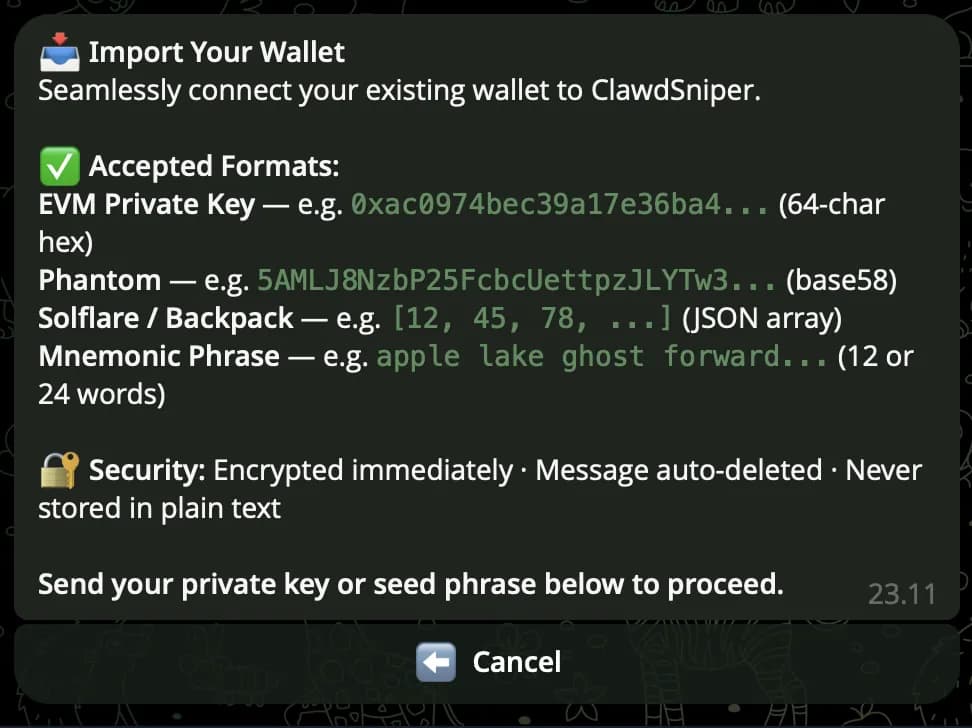 Clawd Sniper — Import Wallet screen with credential prompt
