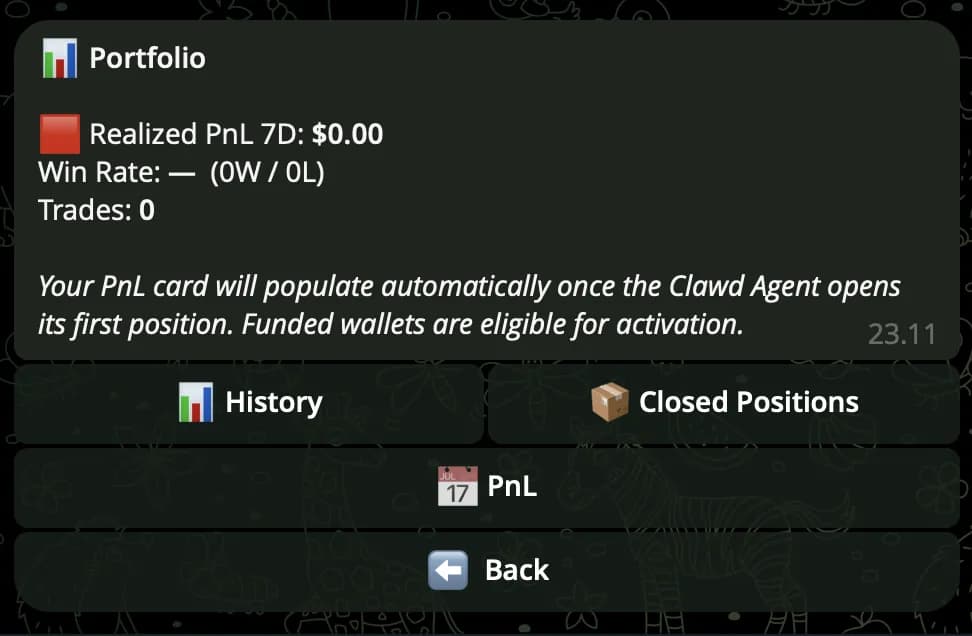 Clawd Sniper — /portfolio screen with per-asset breakdown