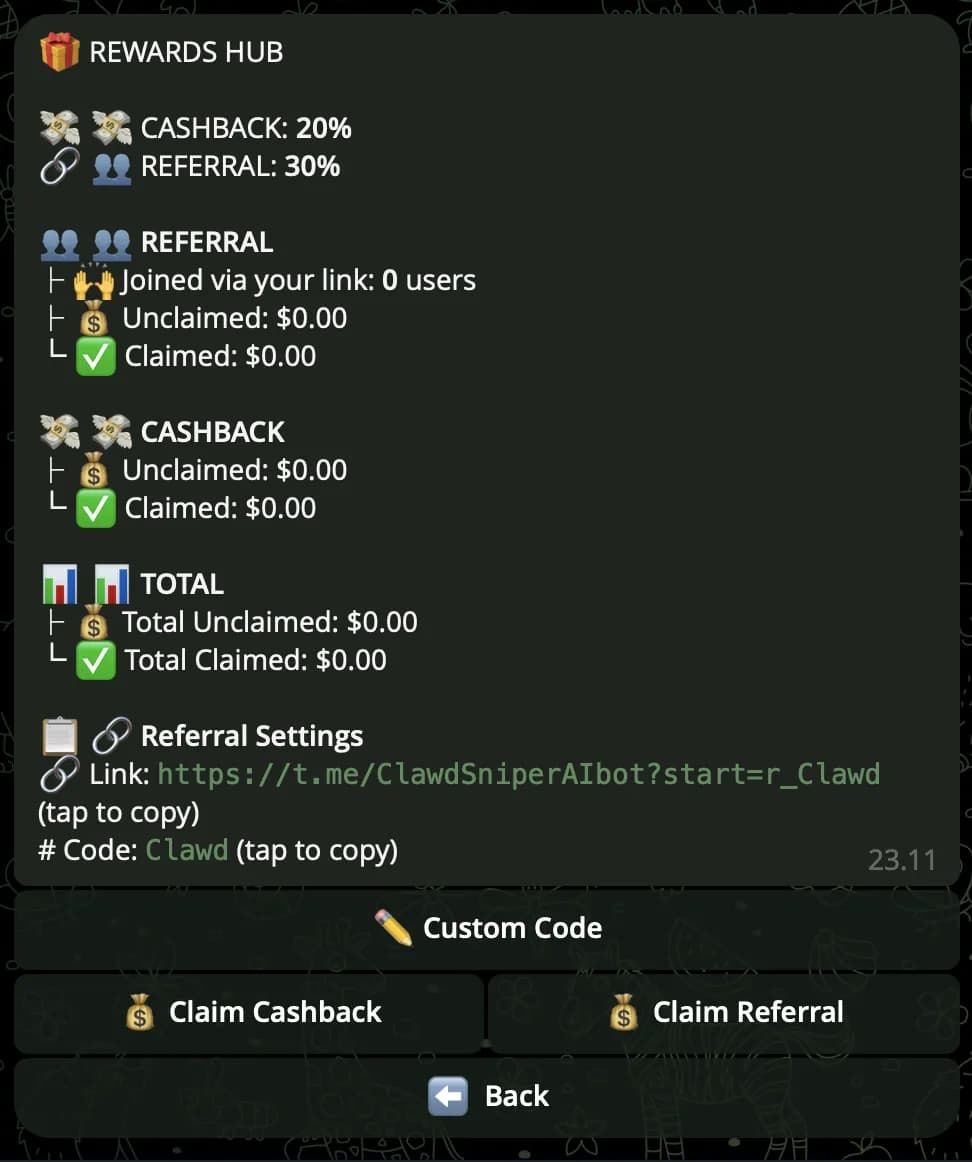 Clawd Sniper — Rewards / Referral menu with link, tier, and earnings