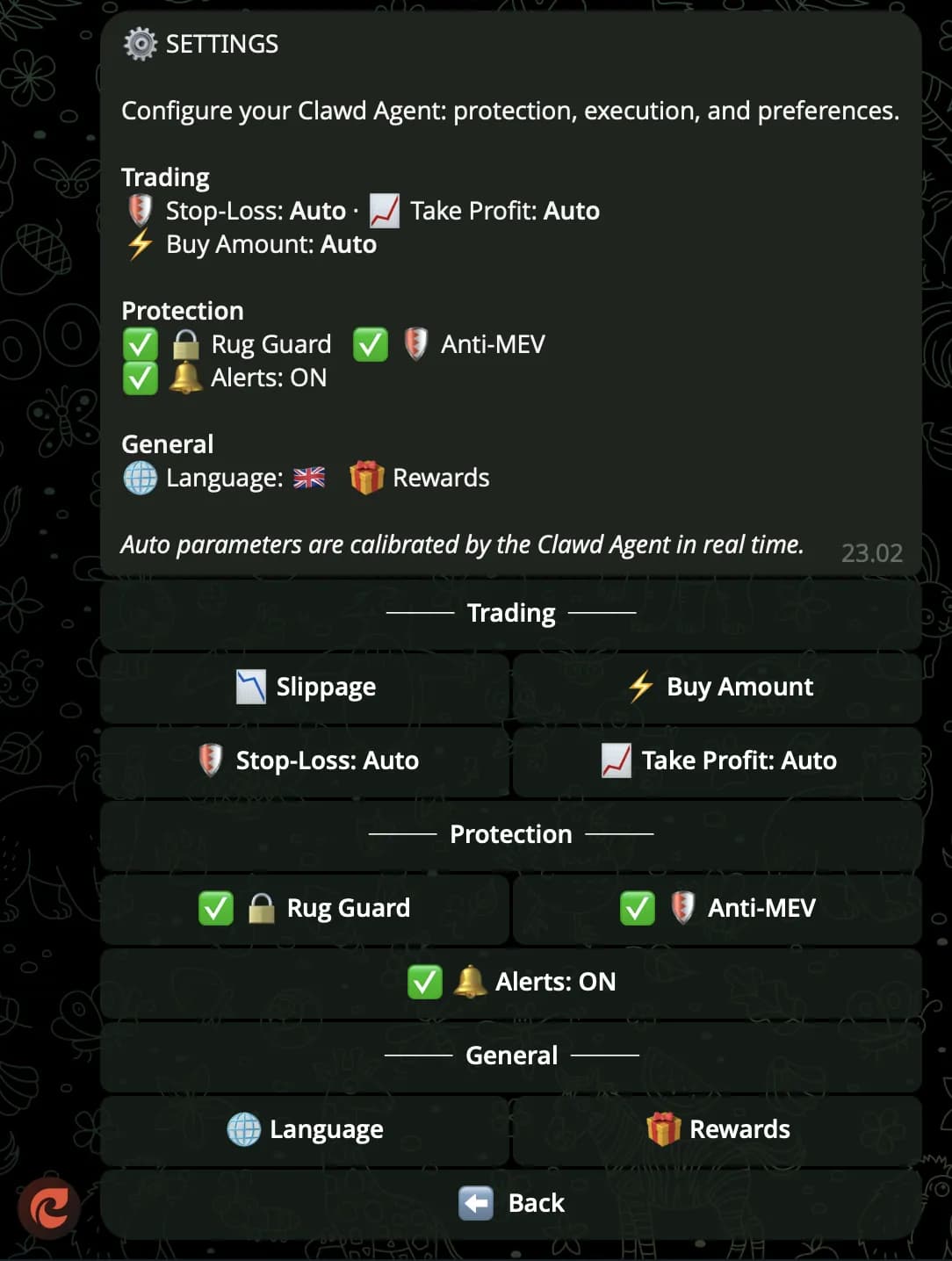 Clawd Sniper — /settings screen with grouped controls