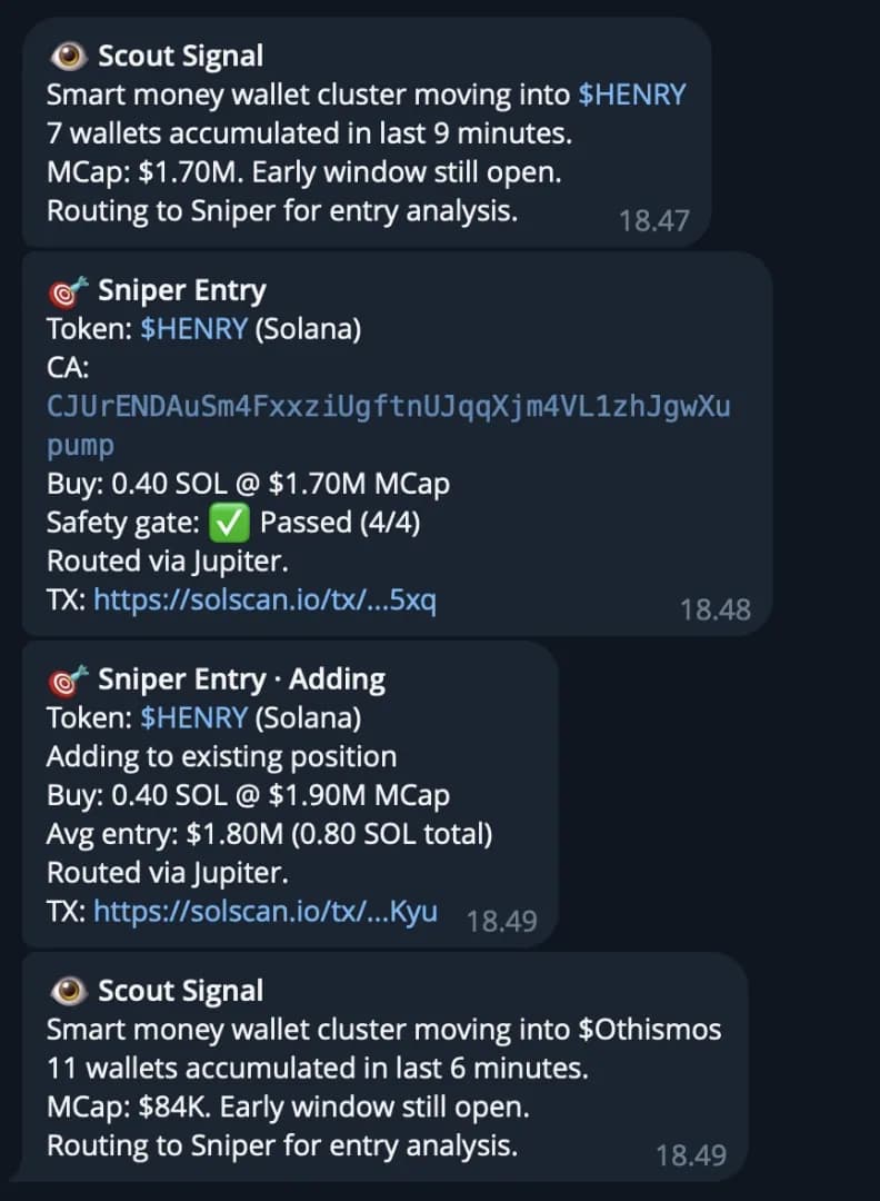 Clawd Sniper agent at work โ example trade in chat
