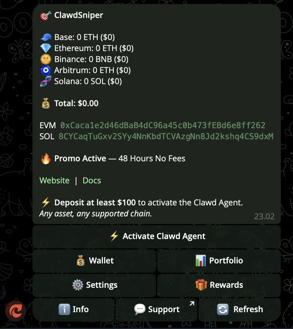 Clawd Sniper โ first UI on /start, wallet generated