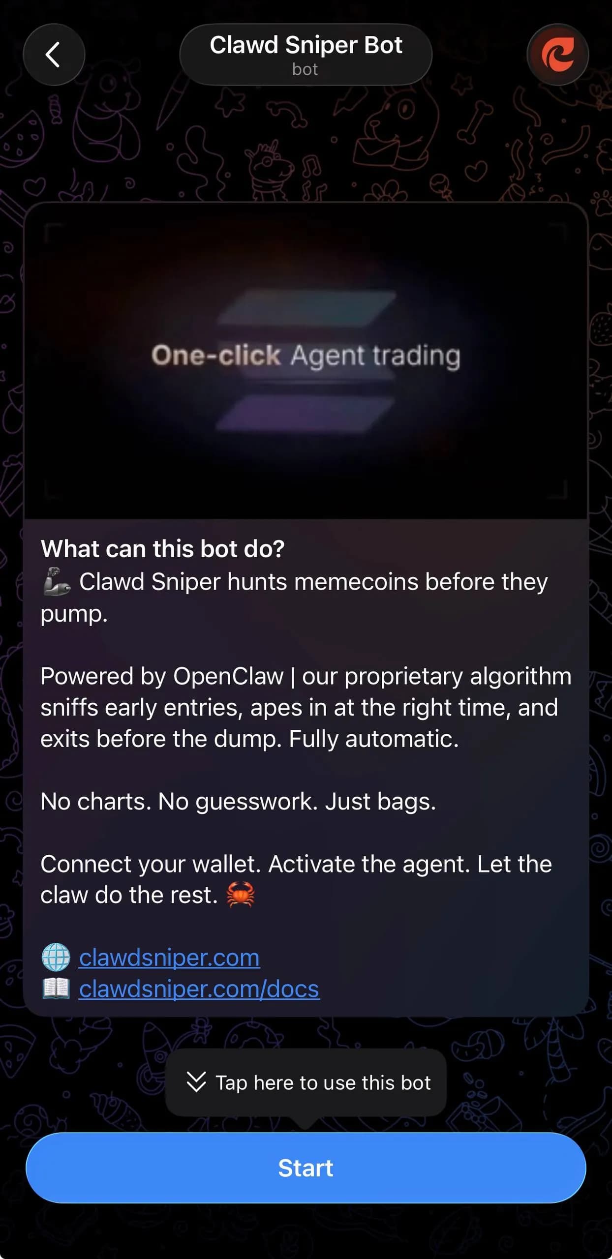 Clawd Sniper bot โ Telegram welcome screen with /start command
